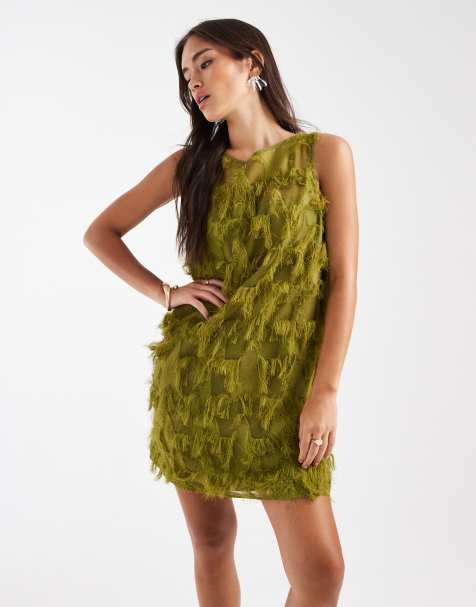 French Connection fringed chiffon mini dress in olive - view 1