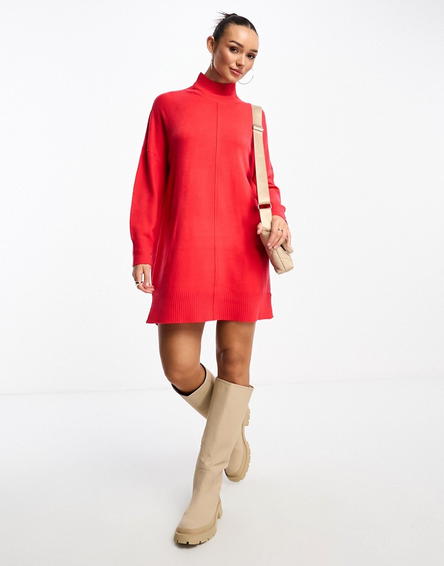 French Connection front seam knitted roll neck dress in red