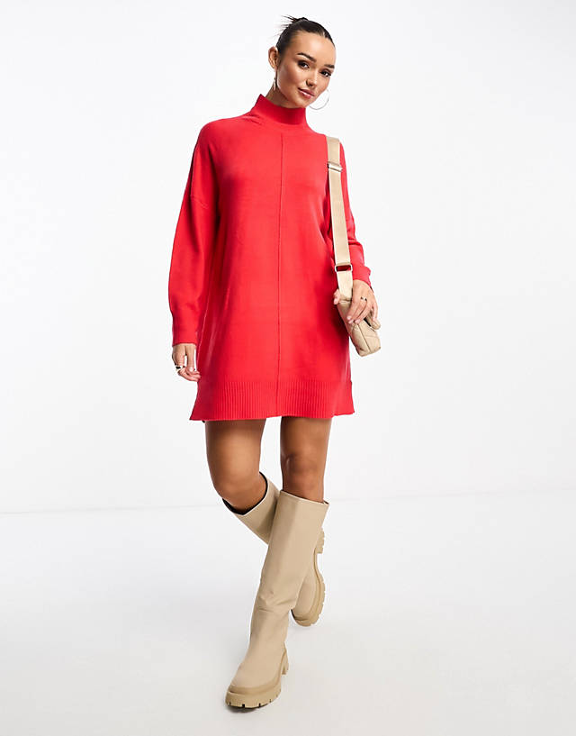 French Connection - front seam knitted roll neck dress in red