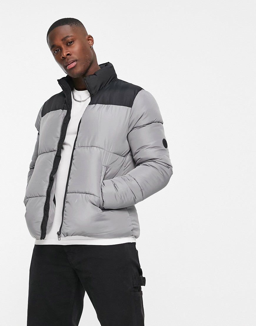 French Connection funnel neck contrast puffer jacket in black & light gray