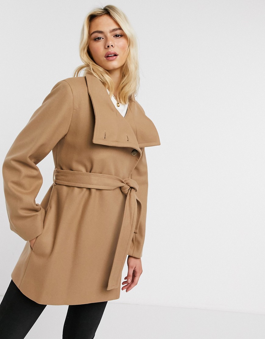 FRENCH CONNECTION FUNNEL-NECK WOOL BELTED COAT IN CAMEL-BROWN,70PBH