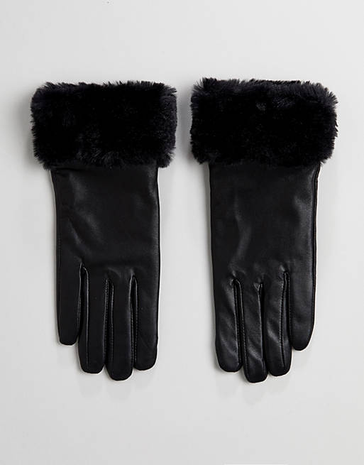 French Connection Fur Trim Gloves in Leather