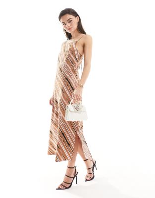French Connection French Connection Gaia textured halterneck midi dress in mocha stripe-Brown