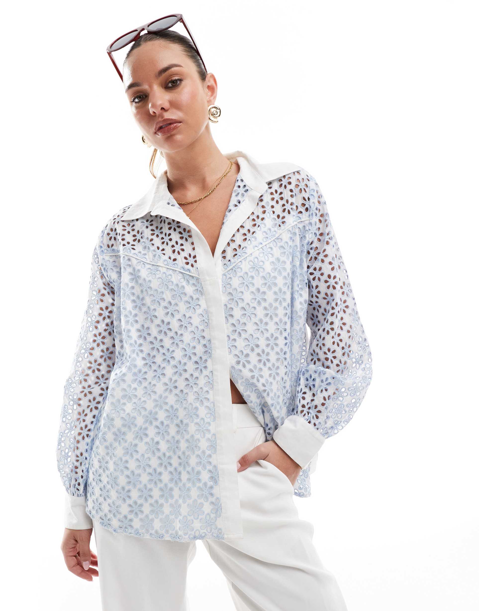 french connection galina cotton embroidered shirt in sky blue