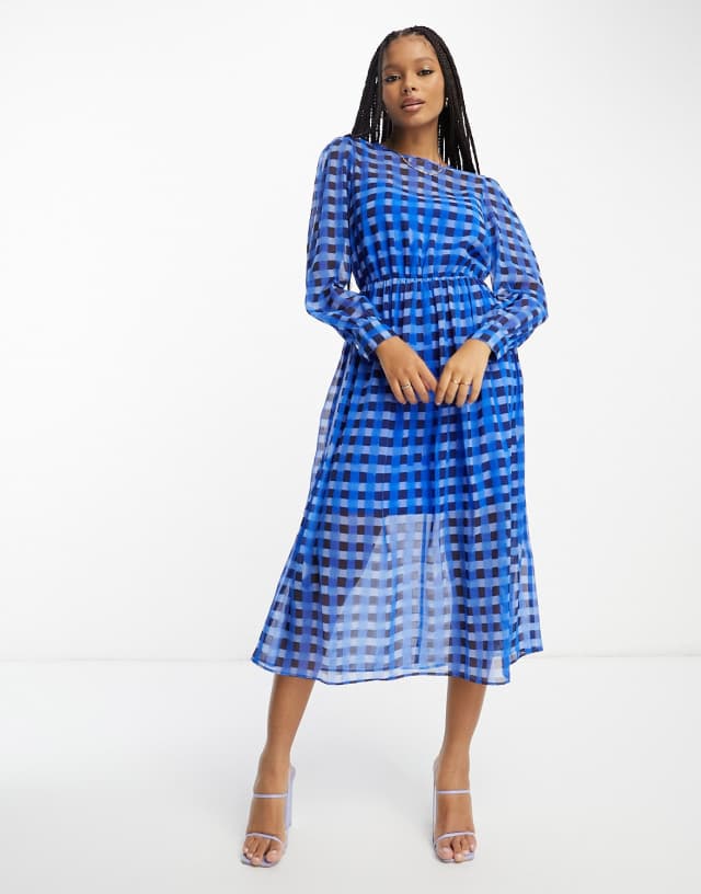 French Connection gathered waist midi smock dress in blue check