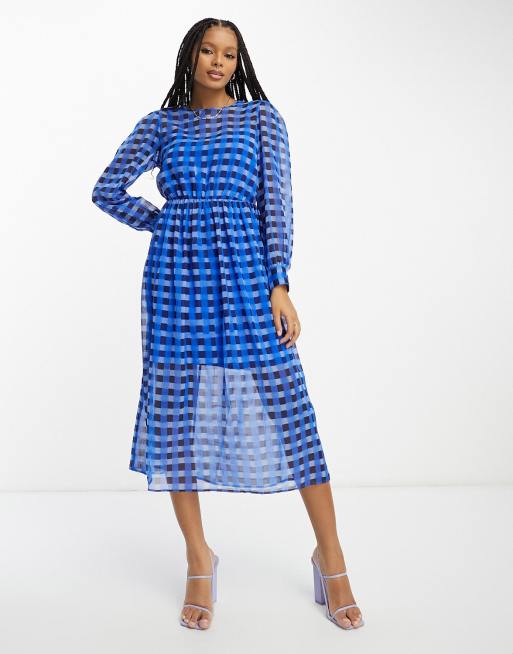 French Connection gathered waist midi smock dress in blue check ASOS