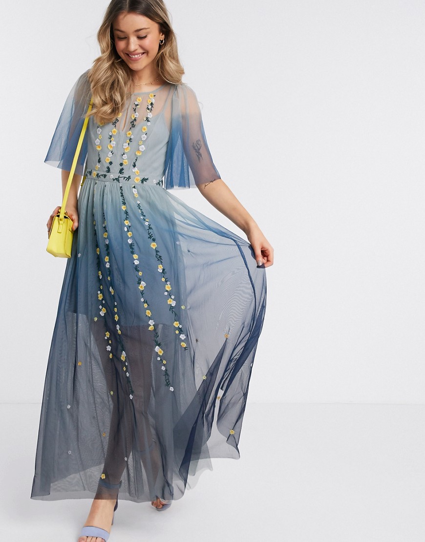 French Connection - Geborduurde lange jurk met kleurverloop in indigo-Blauw