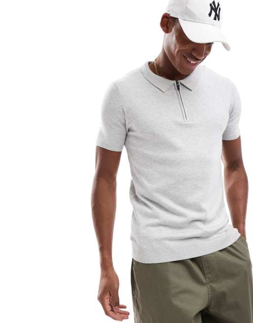 French Connection - Gebreid poloshirt met korte rits in lichtgrijs, 2 van 4