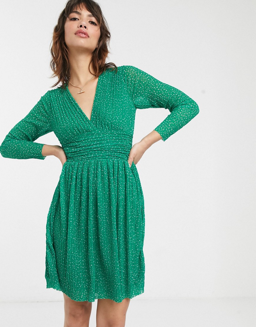 French Connection - Geplooide jersey mini-jurk met V-hals en stippen-Groen