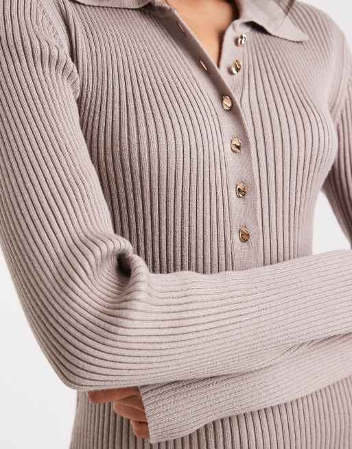 French Connection - Geribbelde bodycon midi-jurk met polohals in neutraal, 2 van 4