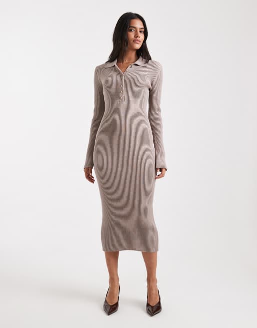 French Connection - Geribbelde bodycon midi-jurk met polohals in neutraal, 3 van 4