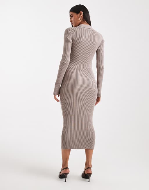 French Connection - Geribbelde bodycon midi-jurk met polohals in neutraal, 4 van 4