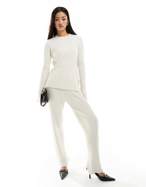 French Connection - Geribbelde gebreide broek in ecru, deel van co-ord set