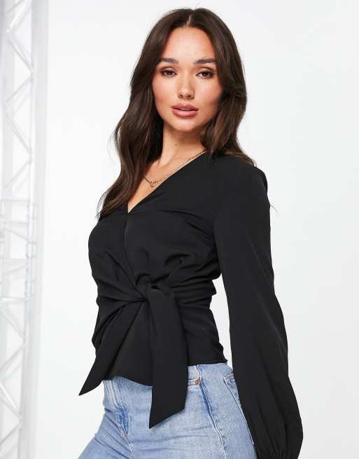 French Connection – Geriel – Bluse in Schwarz mit Wickeldesign vorne