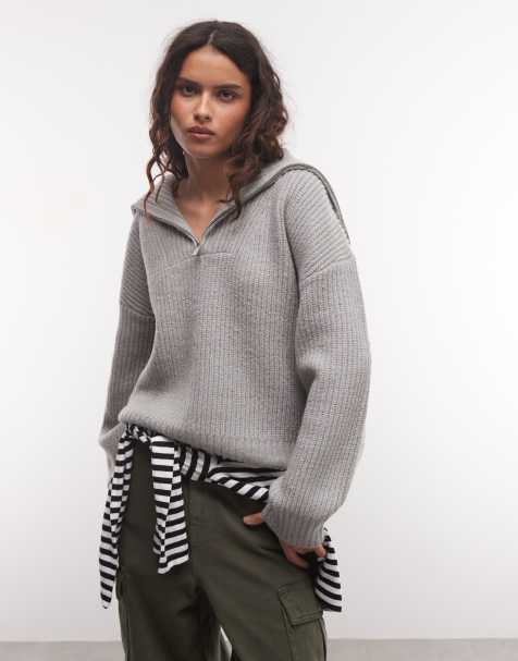 French Connection gerippter Pullover mit halbem Reißverschluss in Grau - view 1