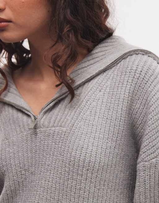 French Connection gerippter Pullover mit halbem Reißverschluss in Grau, 2 von 4