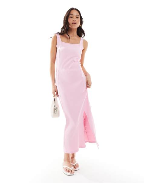 French Connection – Geripptes Midikleid in Rosa mit eckigem Ausschnitt - view 1