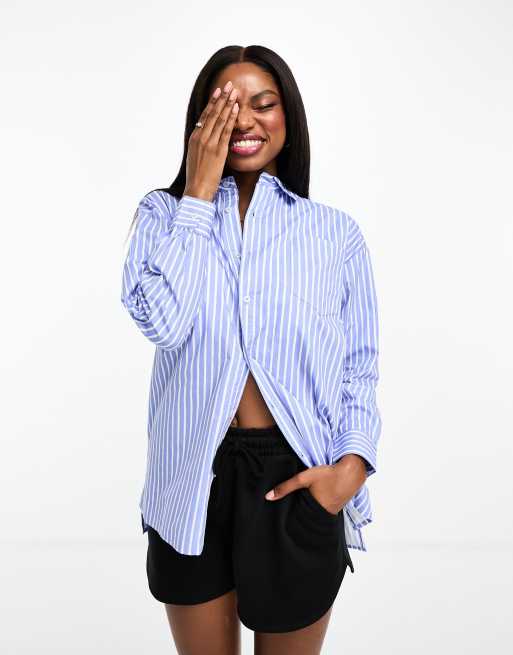 French Connection – Gestreifte Oversize-Hemdbluse in Kornblumenblau