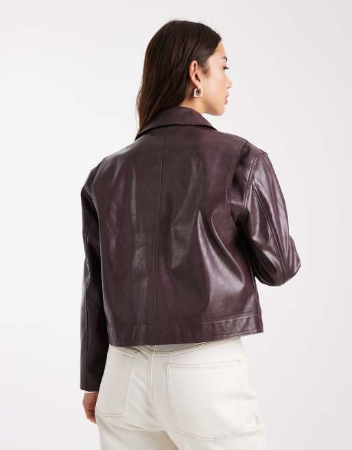 French Connection - Giacca squadrata corta in similpelle PU color prugna, 2 di 4