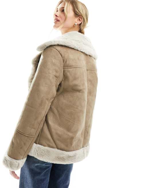 French Connection - Giacca stile aviatore in pelle sintetica color talpa, 4 di 4