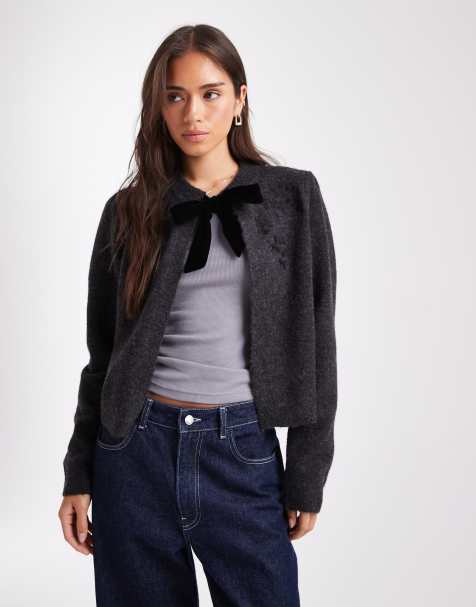 French Connection bow front embroidered knit cardigan in charcoal