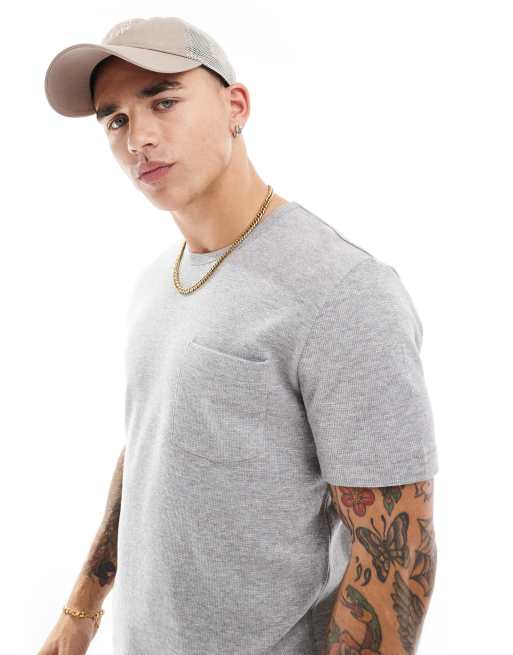 French Connection – Gråmelerad, våfflad t-shirt med ficka