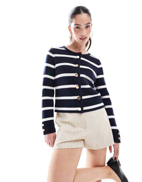 French Connection heavyweight button up cardigan in navy and white stripe