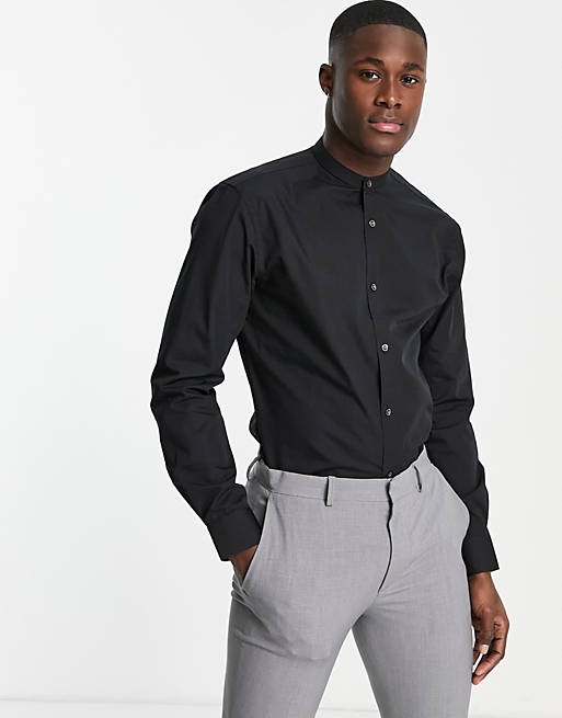 French Connection grandad collar slim fit shirt in black