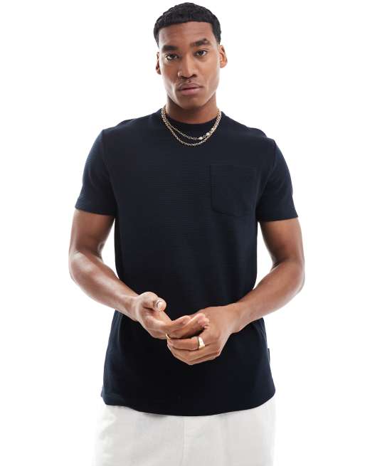 French Connection – Gruby granatowy T-shirt z kieszonką