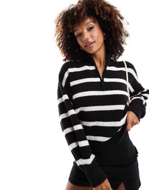 French Connection half zip cropped knitted jumper in black and white stripe ASOS