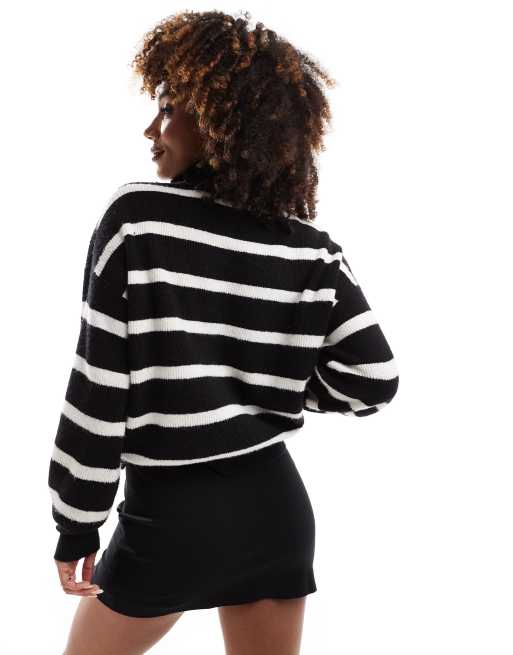 French Connection half zip cropped knitted jumper in black and white stripe ASOS