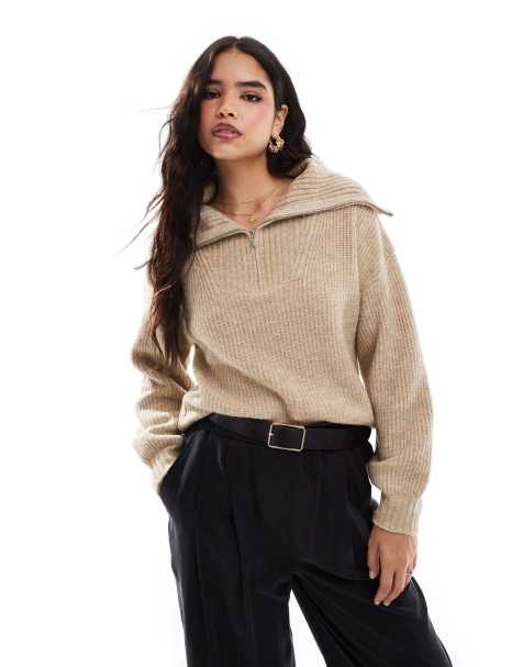 French Connection half zip knitted jumper in camel