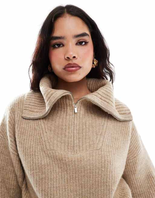 French Connection half zip knitted jumper in camel ASOS