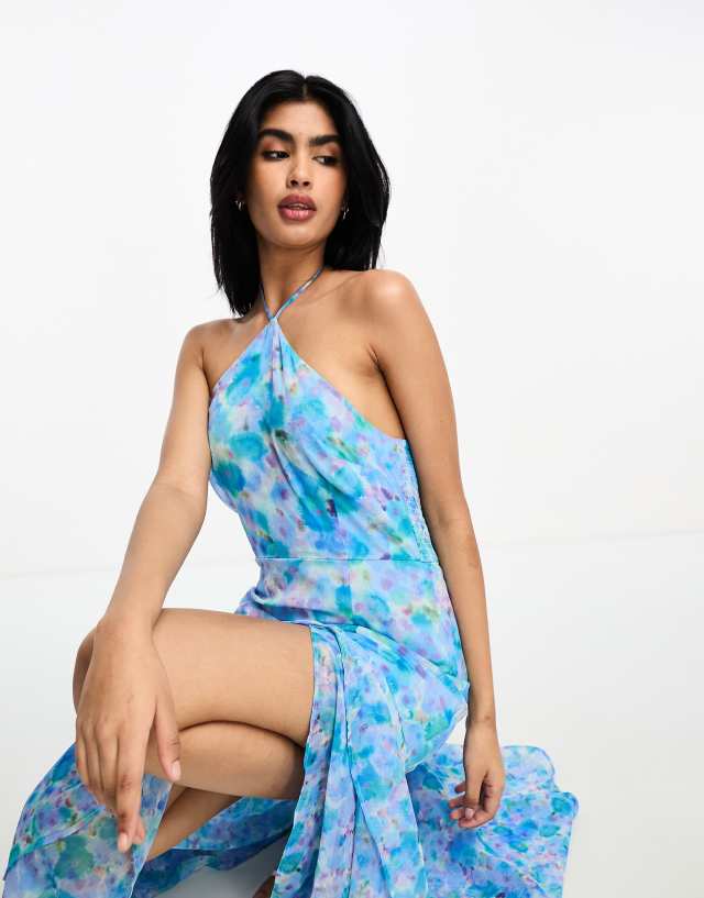 French Connection - halterneck hi-lo midi dress in blue smudge floral