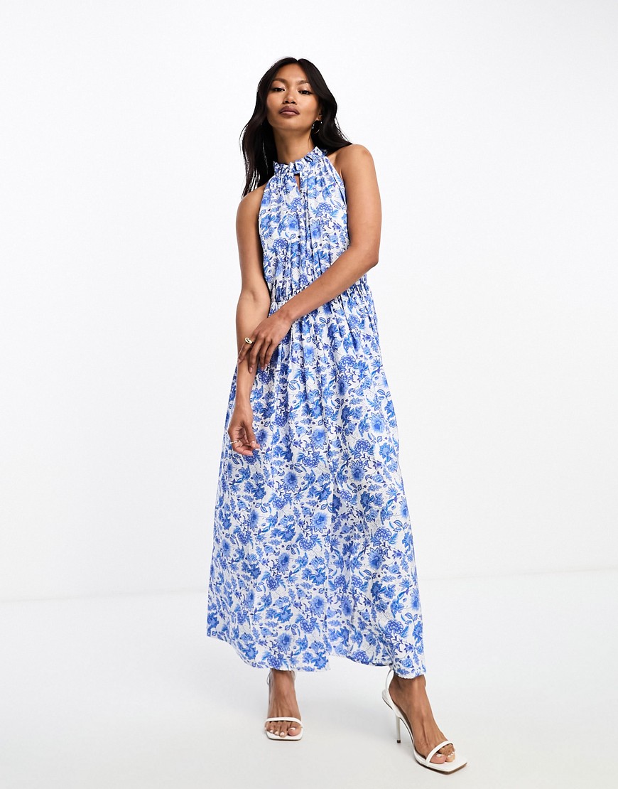 French Connection halterneck maxi dress in summer blue floral