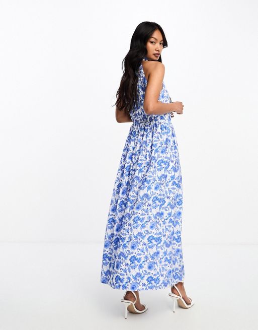 French Connection halterneck maxi dress in summer blue floral