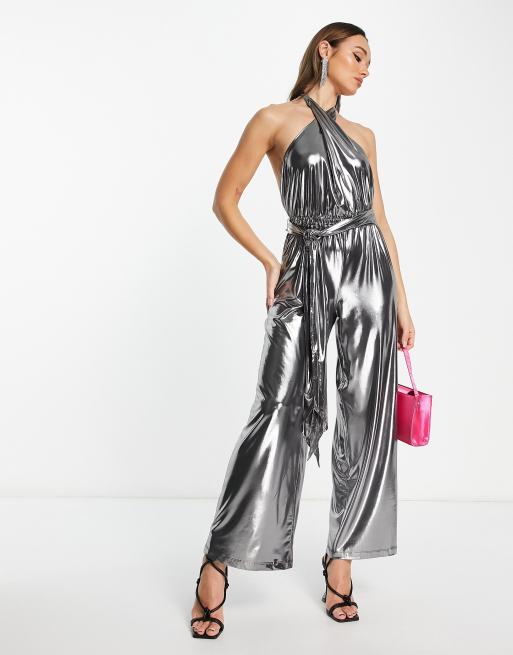 Women Shiny Metallic V Neck Jumpsuit Sleeveless Halter Sport