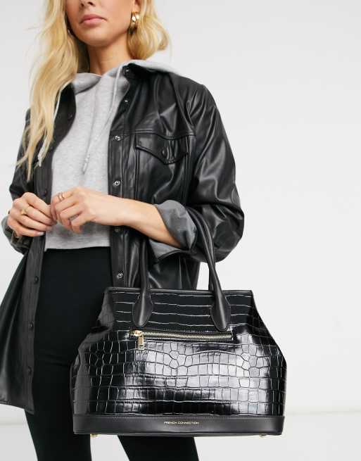 French Connection – Handtasche mit Kroko-Prägung in Schwarz