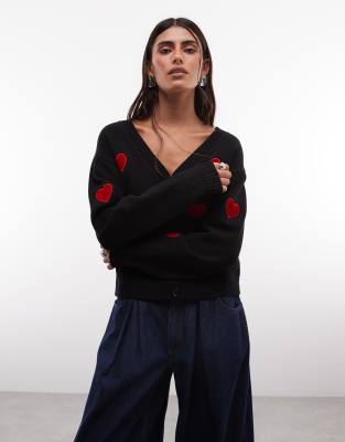 French Connection Heart Appliqué Knit Cardigan In Black