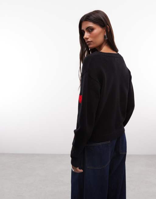 French Connection heart appliqué knit cardigan in black, 4 of 4