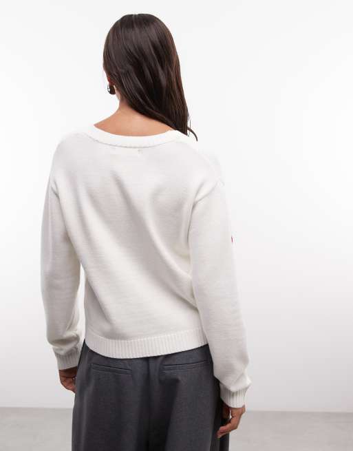 French Connection heart applique knittted cardigan in white, 4 of 4
