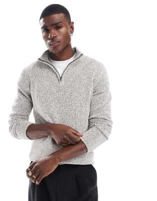 French Connection Mens French Connection heavy knit half zip jumper in salt and pepper grey