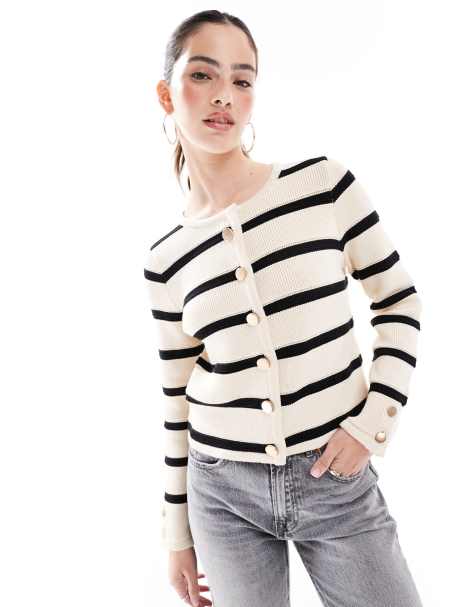 French Connection heavyweight button up cardigan in cream and black stripe - view 1