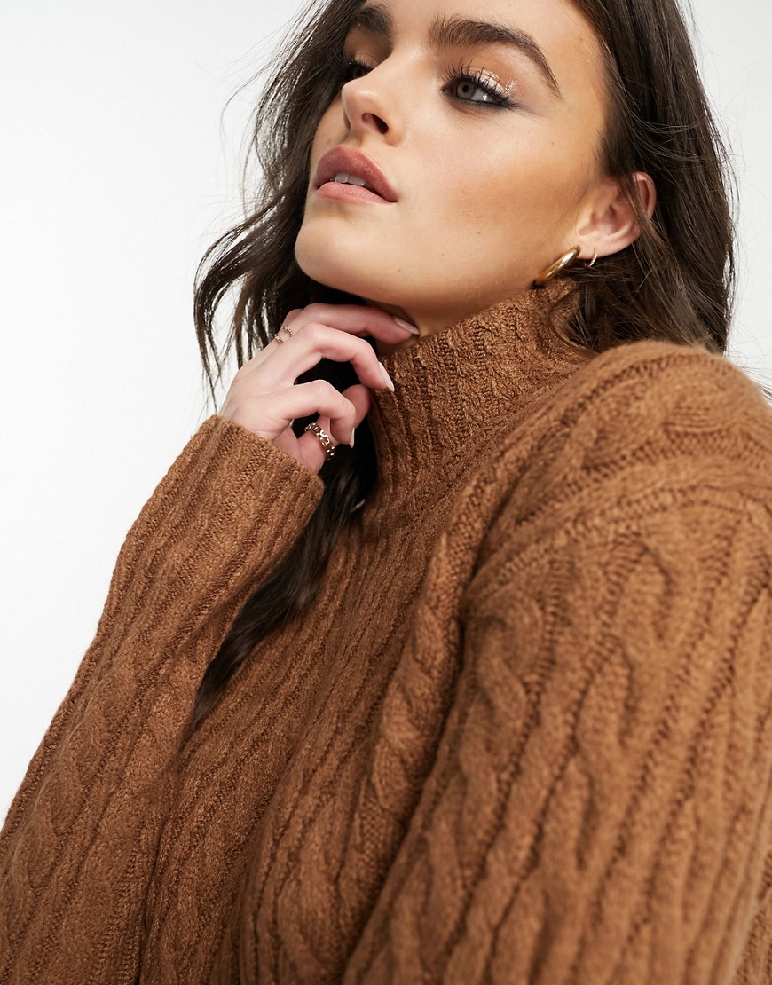French Connection high neck cable knit jumper in 70s tan-Brown