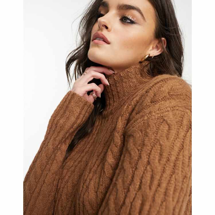 French Connection high neck cable knit jumper in 70s tan ASOS