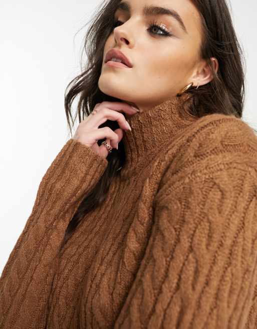 ASOS DESIGN cable knit roll neck sweater in brown