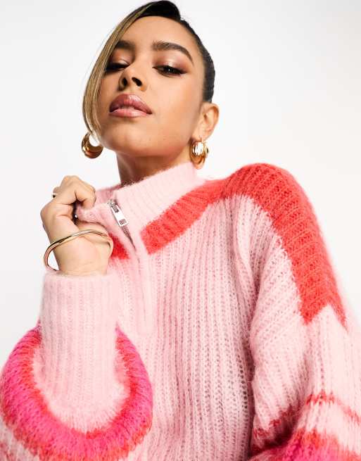 French Connection high neck chunky half zip sweater in pink stripe