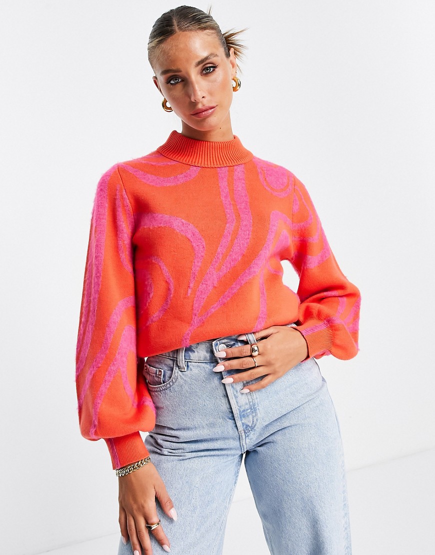 French Connection High Neck Cropped Sweater In Pink And Red Swirl Print