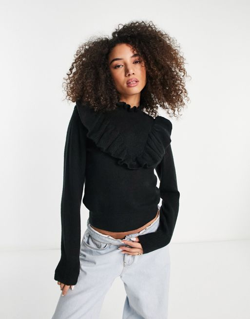 French Connection high neck frill jumper in black | ASOS