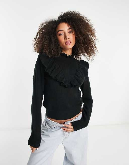 French Connection high neck frill jumper in black ASOS